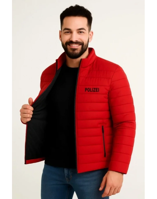 Erkek ikro u İtici Kapitone Baskılı Astarlı Fermuarlı Bomber ont  Kırmızı