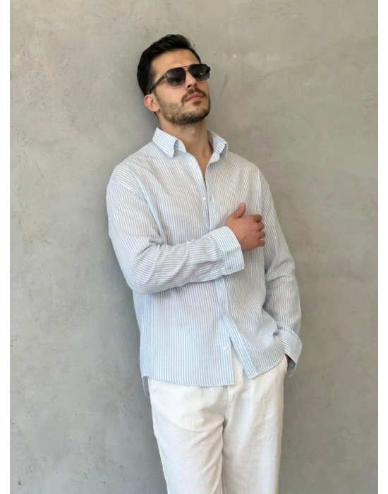 Erkek İnce Çizgili Gofre Kumaş Rahat Kalıp Gömlek