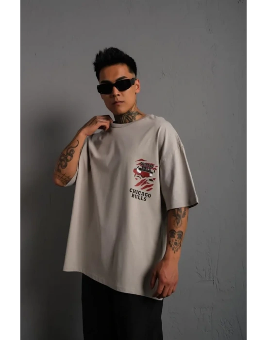 Erkek ırt Baskılı A Kalite Oversize Tshirt  Gri