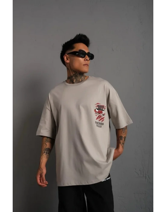 Erkek ırt Baskılı A Kalite Oversize Tshirt  Gri