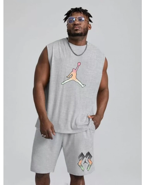 Erkek ırt Baskılı ıfır Kol İkili Şort Takım  Gri