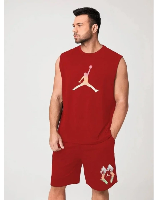 Erkek ırt Baskılı ıfır Kol İkili Şort Takım  Kırmızı