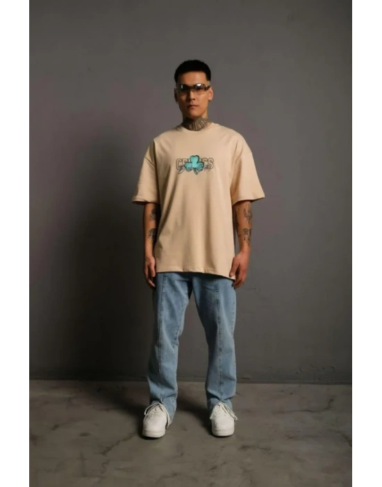 Erkek ırt Baskılı Tshirt  Bej