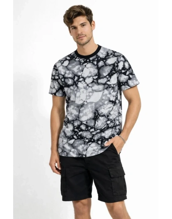 Erkek iyah Gri Taş Desenli Tişört – Regular Fit, Bisiklet Yaka, Dijital Baskılı odern Tasarım Thirt  iyah