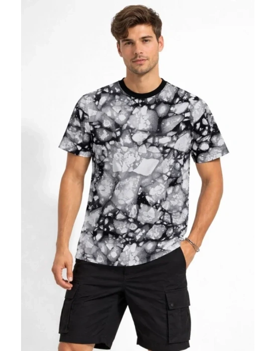 Erkek iyah Gri Taş Desenli Tişört – Regular Fit, Bisiklet Yaka, Dijital Baskılı odern Tasarım Thirt  iyah
