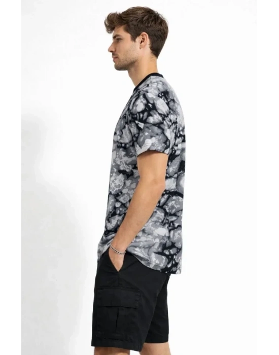 Erkek iyah Gri Taş Desenli Tişört – Regular Fit, Bisiklet Yaka, Dijital Baskılı odern Tasarım Thirt  iyah