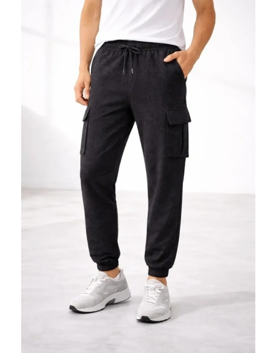 Erkek Jogger Eşofman Altı Regular Fit , Kargo Cepli, astikli Paça, Günlük por Pantolon  Füme