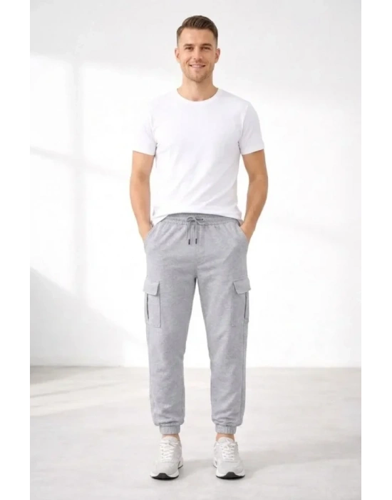 Erkek Jogger Eşofman Altı Regular Fit , Kargo Cepli, astikli Paça, Günlük por Pantolon  Gri