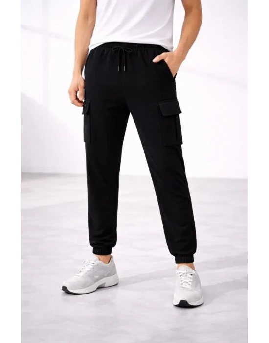 Erkek Jogger Eşofman Altı Regular Fit , Kargo Cepli, Lastikli Paça, Günlük por Pantolon  iyah