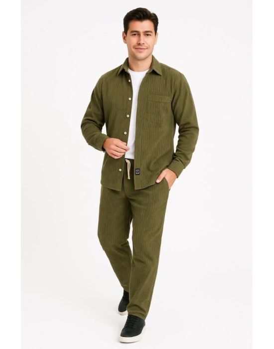 Erkek Kadife Oversize Takım – Gömlek Ve Pantolon İkili et Füme Corduroy Şıklığı, Rahat Ve Zarif Duruş Yumuşak Dokulu Kadife Kumaş, Düğmeli Gömlek Üst Ve astikli Pantolon Alt Parça Ile Gün Boyu Konfor Haki