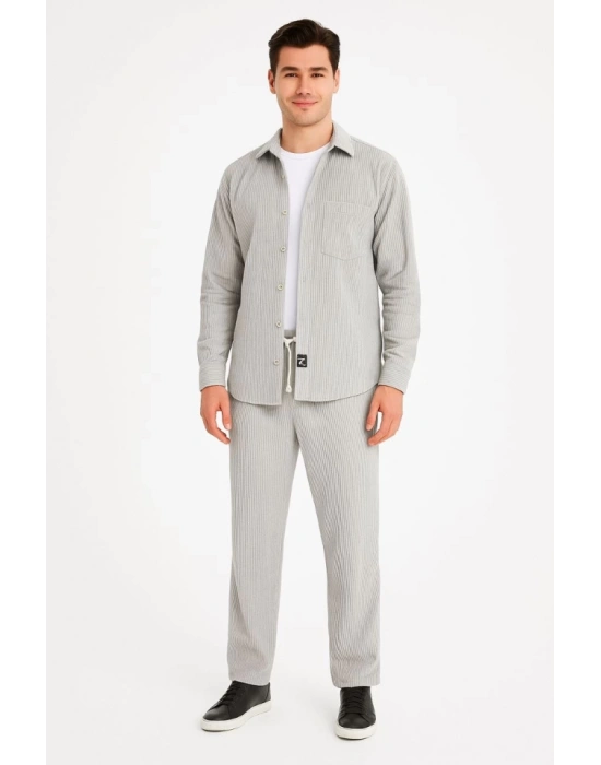 Erkek Kadife Oversize Takım – Gömlek Ve Pantolon İkili et Füme Corduroy Şıklığı, Rahat Ve Zarif Duruş Yumuşak Dokulu Kadife Kumaş, Düğmeli Gömlek Üst Ve astikli Pantolon Alt Parça Ile Gün Boyu Konfor Gri