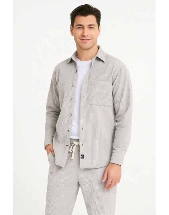 Erkek Kadife Oversize Takım – Gömlek Ve Pantolon İkili et Füme Corduroy Şıklığı, Rahat Ve Zarif Duruş Yumuşak Dokulu Kadife Kumaş, Düğmeli Gömlek Üst Ve astikli Pantolon Alt Parça Ile Gün Boyu Konfor Gri