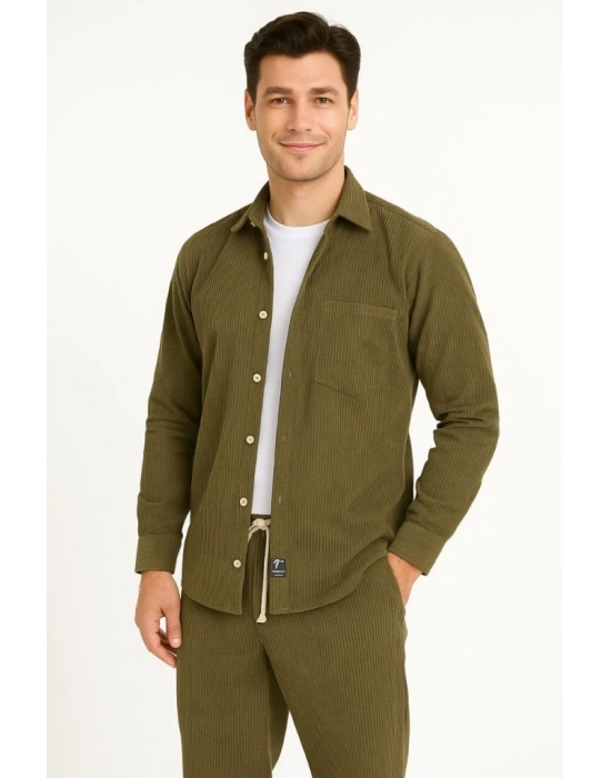 Erkek Kadife Oversize Takım – Gömlek Ve Pantolon İkili et Füme Corduroy Şıklığı, Rahat Ve Zarif Duruş Yumuşak Dokulu Kadife Kumaş, Düğmeli Gömlek Üst Ve astikli Pantolon Alt Parça Ile Gün Boyu Konfor Haki