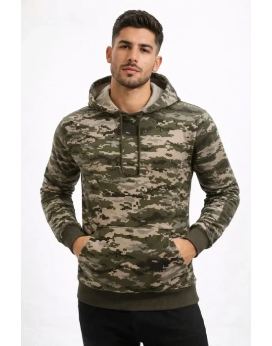 Erkek Kamuflaj Desenli 2 İplik 4 evsim Kapüşonlu Kanguru Cepli Hoodie weatshirt  Kamuflaj