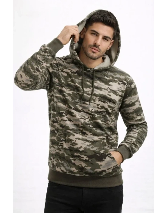 Erkek Kamuflaj Desenli 2 İplik 4 evsim Kapüşonlu Kanguru Cepli Hoodie weatshirt  Kamuflaj