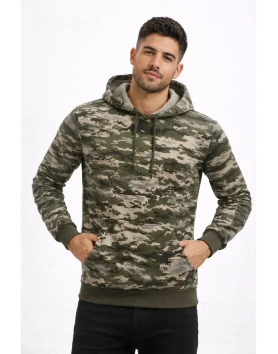 Erkek Kamuflaj Desenli 2 İplik 4 evsim Kapüşonlu Kanguru Cepli Hoodie weatshirt  Kamuflaj