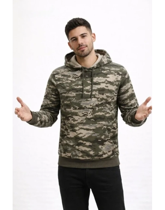 Erkek Kamuflaj Desenli 2 İplik 4 evsim Kapüşonlu Kanguru Cepli Hoodie weatshirt  Kamuflaj
