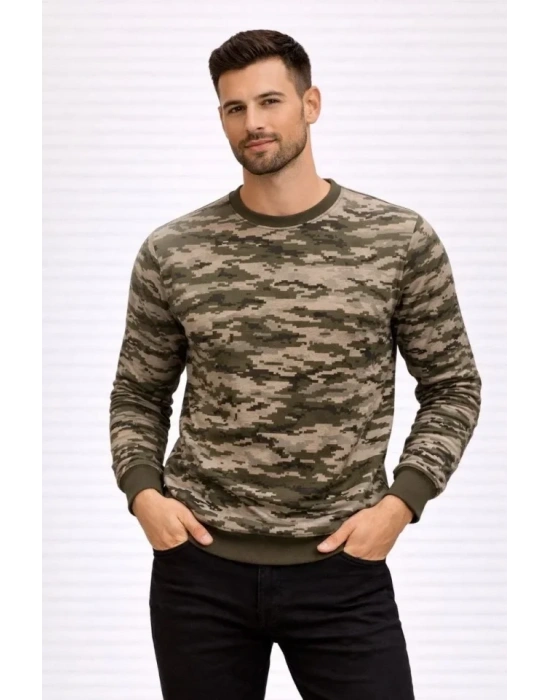 Erkek Kamuflaj Desenli 2 İplik 4 evsim Uzun Kollu Bisiklet Yaka weatshirt  Kamuflaj