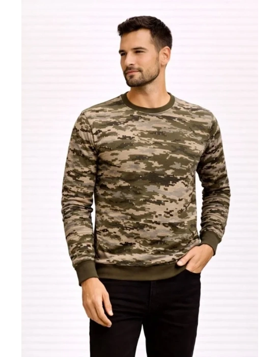 Erkek Kamuflaj Desenli 2 İplik 4 evsim Uzun Kollu Bisiklet Yaka weatshirt  Kamuflaj