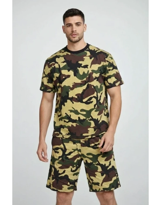 Erkek Kamuflaj Desenli Tişört Şort Takım – Regular Fit Günlük por 2’li Yazlık Kombin  Kamuflaj