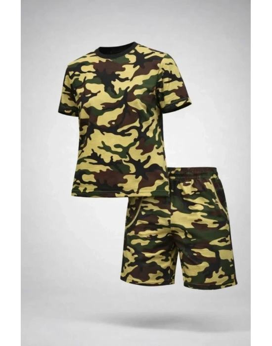 Erkek Kamuflaj Desenli Tişört Şort Takım – Regular Fit Günlük por 2’li Yazlık Kombin  Kamuflaj