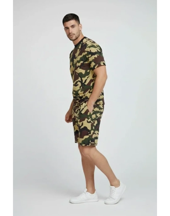 Erkek Kamuflaj Desenli Tişört Şort Takım – Regular Fit Günlük por 2’li Yazlık Kombin  Kamuflaj