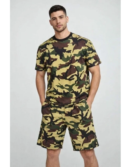 Erkek Kamuflaj Desenli Tişört Şort Takım – Regular Fit Günlük por 2’li Yazlık Kombin  Kamuflaj