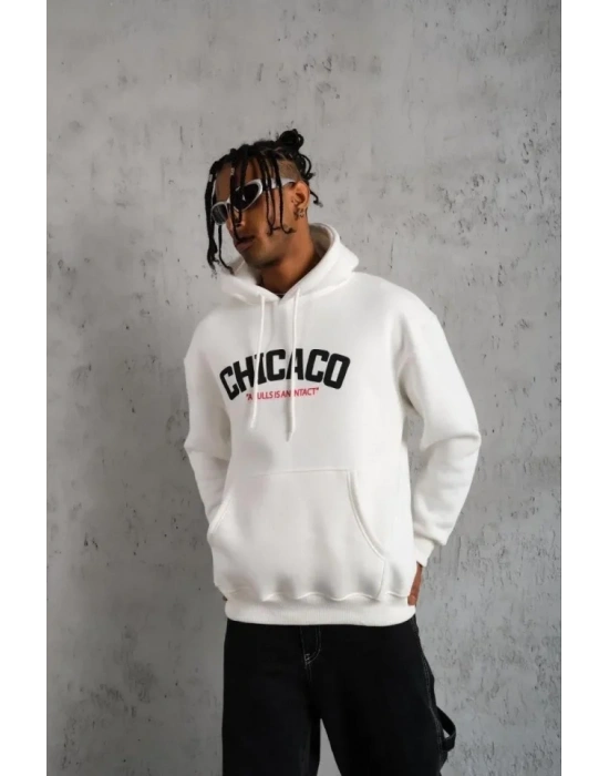 Erkek Kanguru Cepli Baskılı Kapüşonlu weatshirt  Beyaz