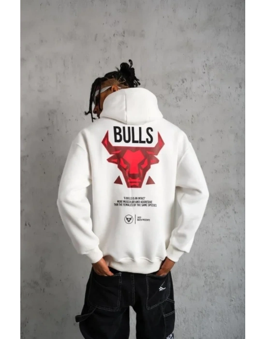 Erkek Kanguru Cepli Baskılı Kapüşonlu weatshirt  Beyaz