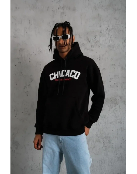 Erkek Kanguru Cepli Baskılı Kapüşonlu weatshirt  iyah