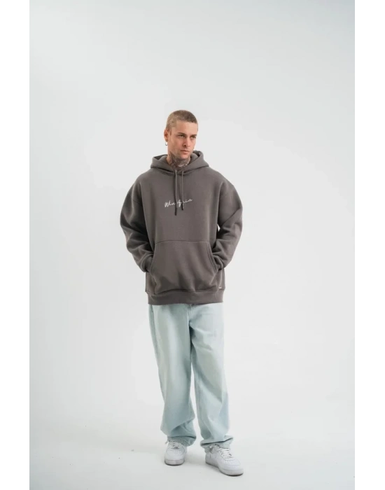 Erkek Kapşonlu Double Oversize Dijital Patchli weathirt  Füme