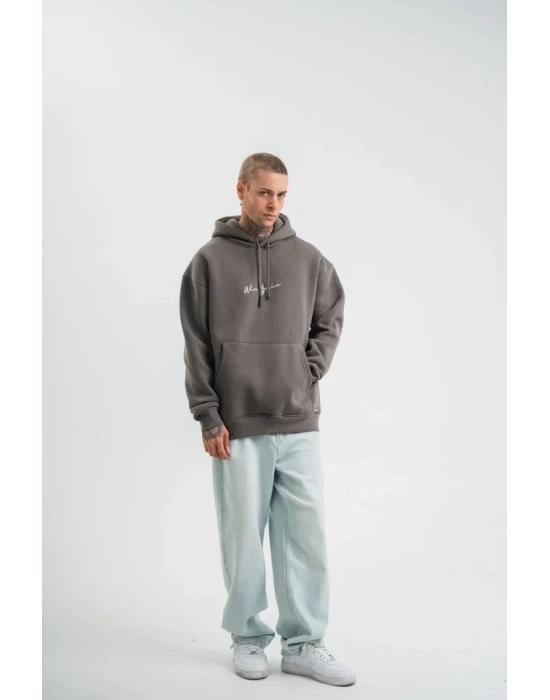 Erkek Kapşonlu Double Oversize Dijital Patchli weathirt  Füme