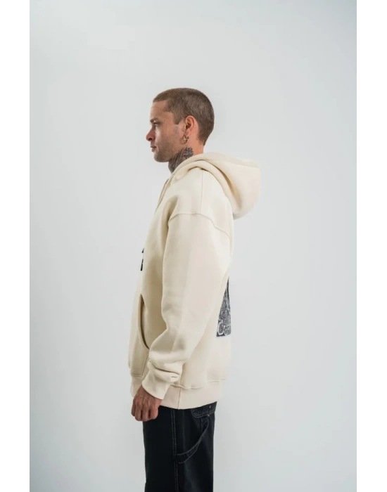 Erkek Kapşonlu Double Oversize Dijital Patchli weathirt  Krem