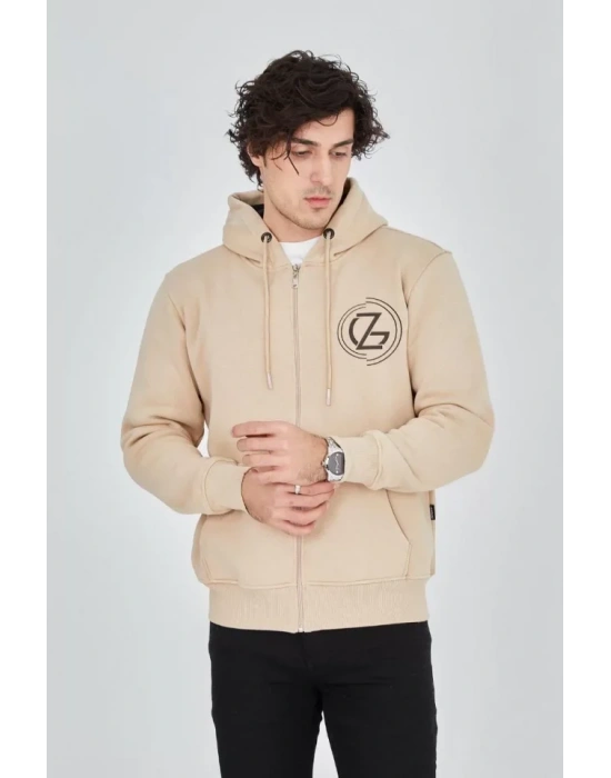 Erkek Kapüşonlu Baskılı Fermuarlı Hırka  Bej
