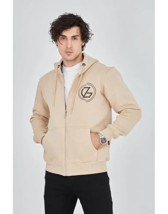 Erkek Kapüşonlu Baskılı Fermuarlı Hırka  Bej
