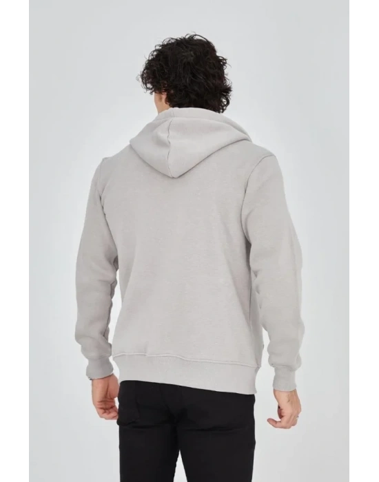 Erkek Kapüşonlu Baskılı Fermuarlı Hırka  Boyalı Gri