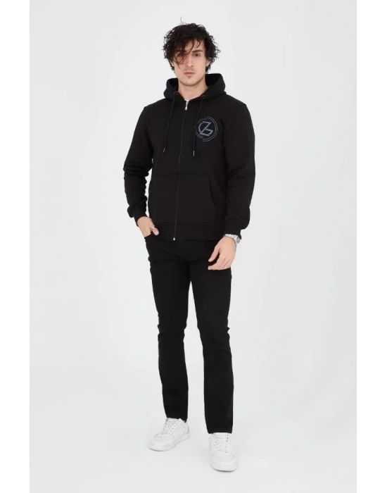 Erkek Kapüşonlu Baskılı Fermuarlı Hırka  iyah