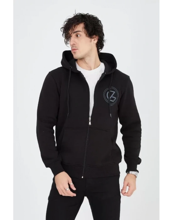 Erkek Kapüşonlu Baskılı Fermuarlı Hırka  iyah