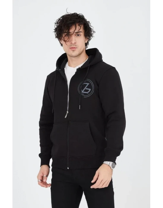 Erkek Kapüşonlu Baskılı Fermuarlı Hırka  iyah