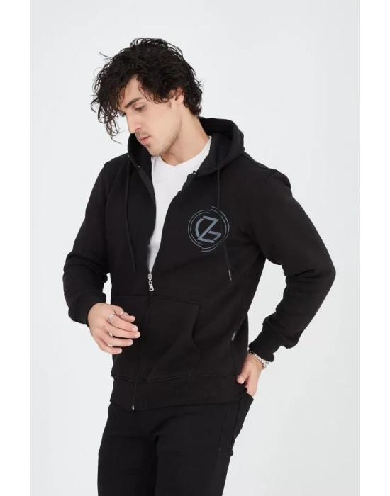 Erkek Kapüşonlu Baskılı Fermuarlı Hırka  iyah