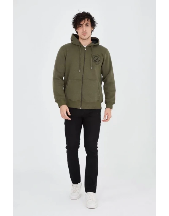 Erkek Kapüşonlu Baskılı Fermuarlı Hırka  Yeşil