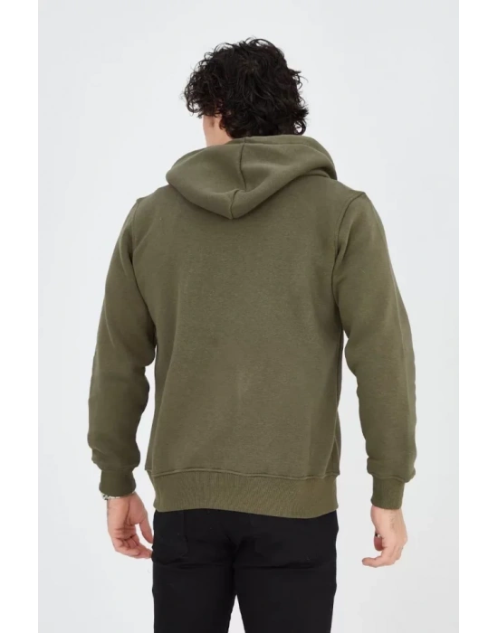 Erkek Kapüşonlu Baskılı Fermuarlı Hırka  Yeşil