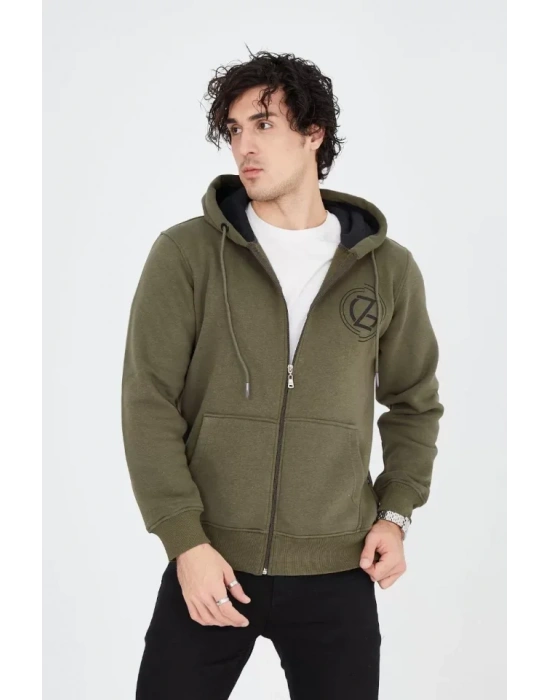 Erkek Kapüşonlu Baskılı Fermuarlı Hırka  Yeşil