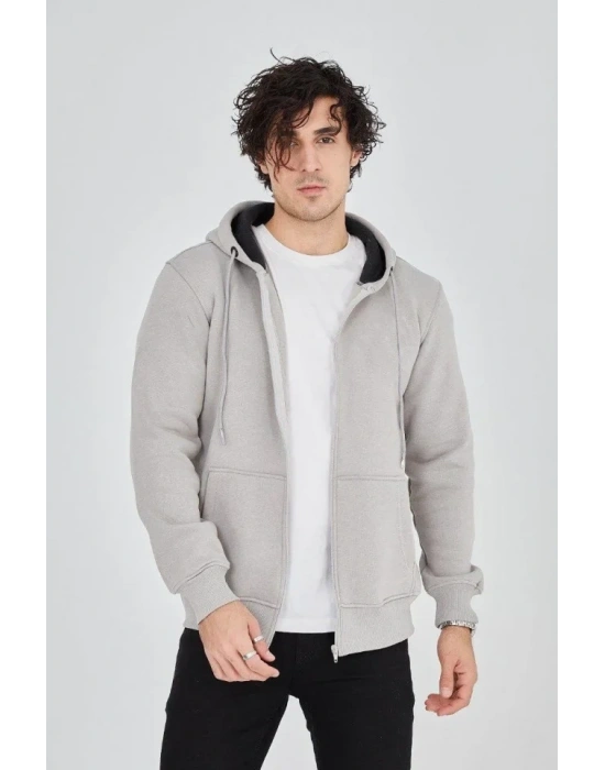 Erkek Kapüşonlu Düz Fermuarlı Hırka  Boyalı Gri