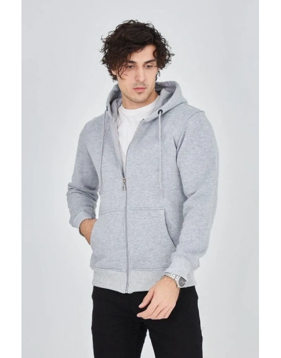 Erkek Kapüşonlu Düz Fermuarlı Hırka  Gri