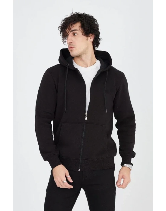 Erkek Kapüşonlu Düz Fermuarlı Hırka  iyah