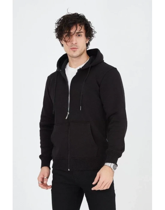 Erkek Kapüşonlu Düz Fermuarlı Hırka  iyah