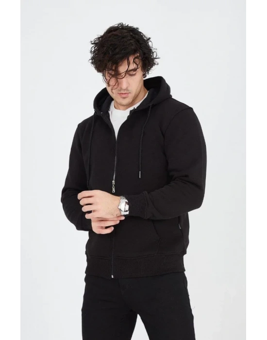 Erkek Kapüşonlu Düz Fermuarlı Hırka  iyah