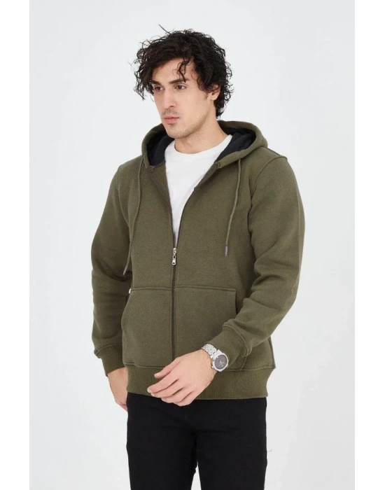 Erkek Kapüşonlu Düz Fermuarlı Hırka  Yeşil