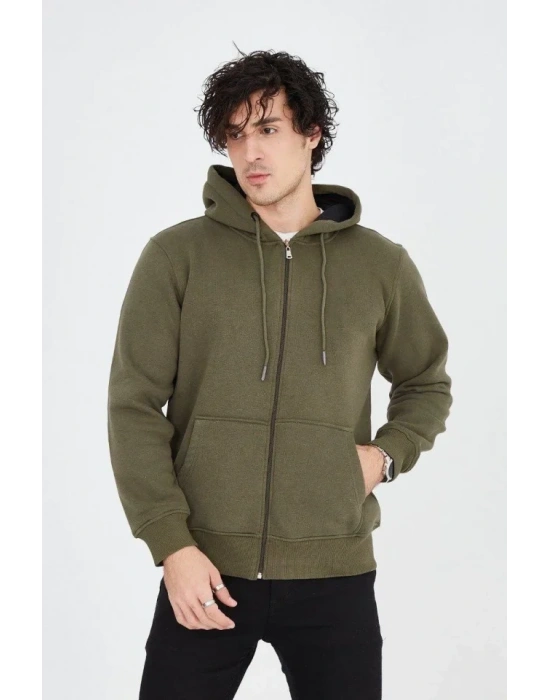 Erkek Kapüşonlu Düz Fermuarlı Hırka  Yeşil